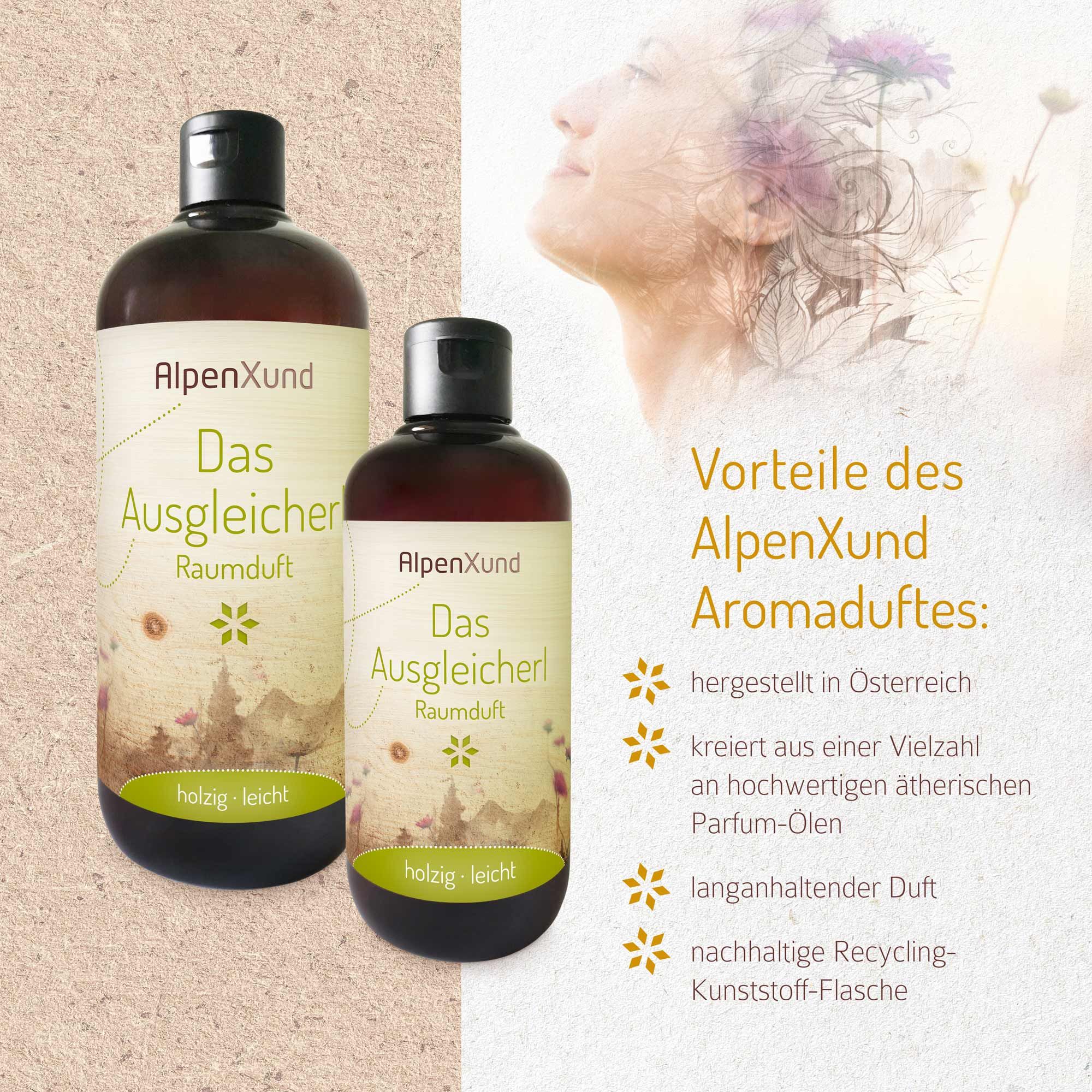 Zwei braune Flaschen mit schwarzem Deckel. Aufschrift: AlpenXund, Das Ausgleicherl, Raumduft. Holzige, leichte Duftnote. Hintergrund: Frau mit Blumen.