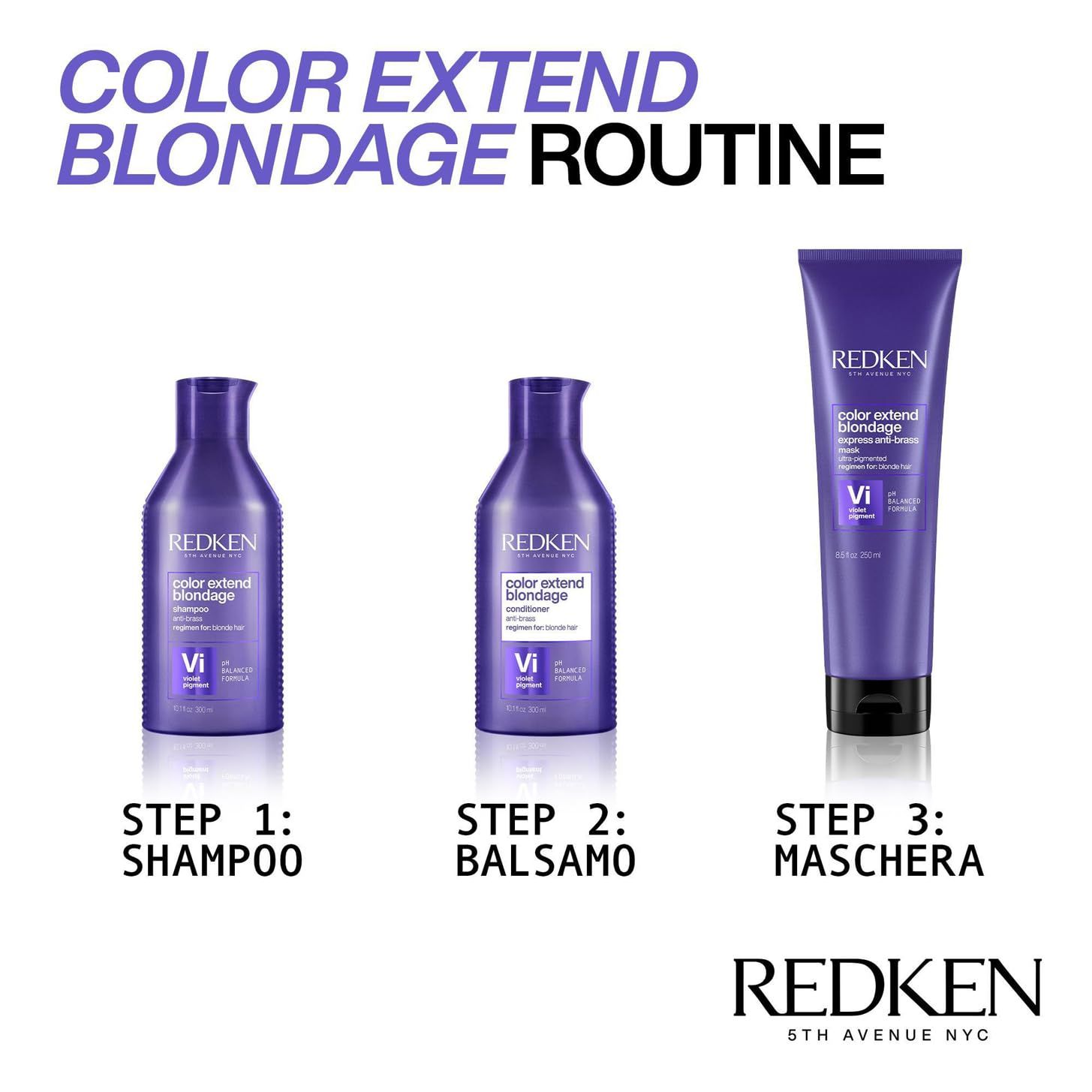 Drei Produkte der Color Extend Blondage Routine. Shampoo, Conditioner und Maske in violetten Flaschen und Tube.