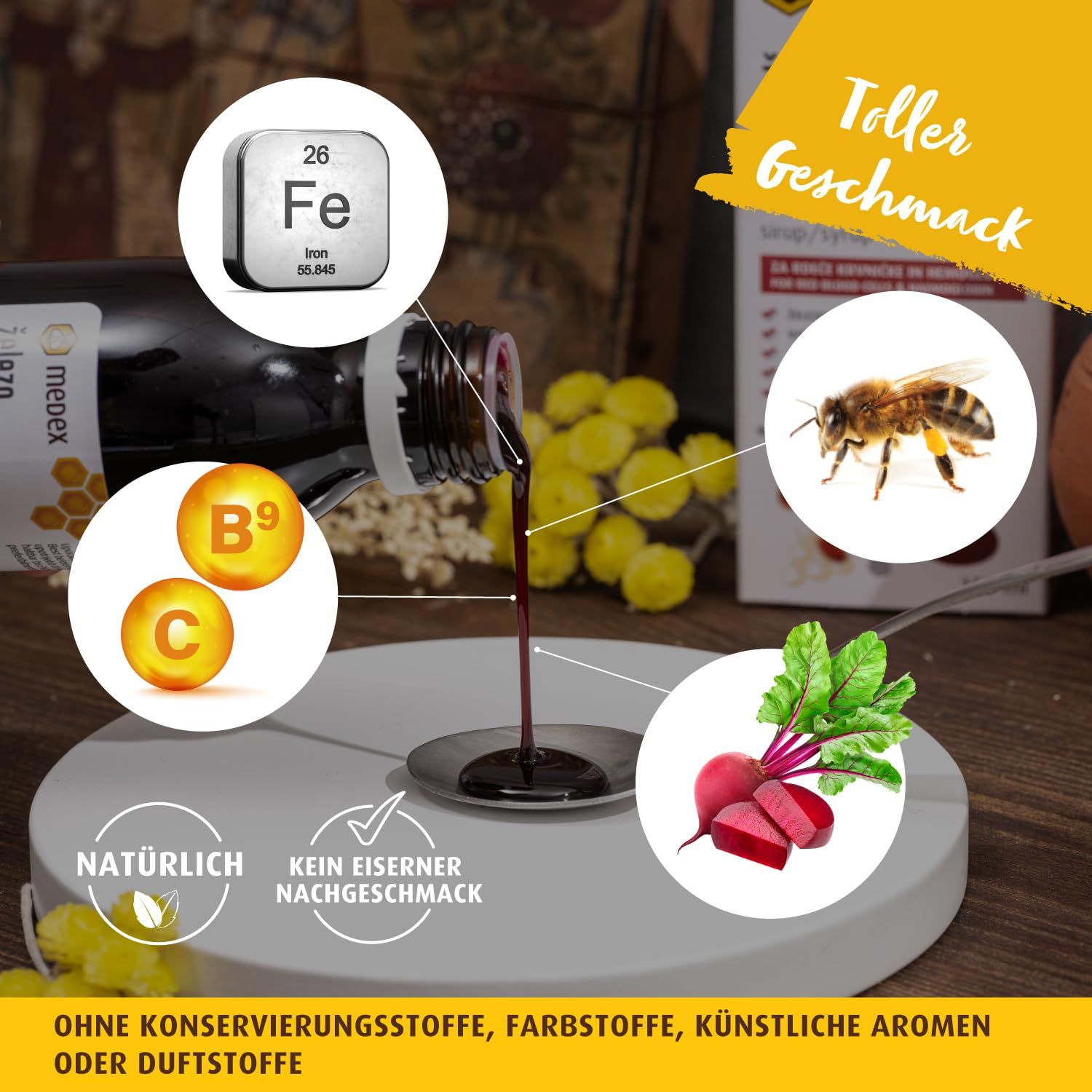 Medex Sirup wird in einen Löffel gegossen. Elemente: Eisen, Vitamin C, B9, Biene, Rote Bete. Aufschrift: Kein eiserner Nachgeschmack.