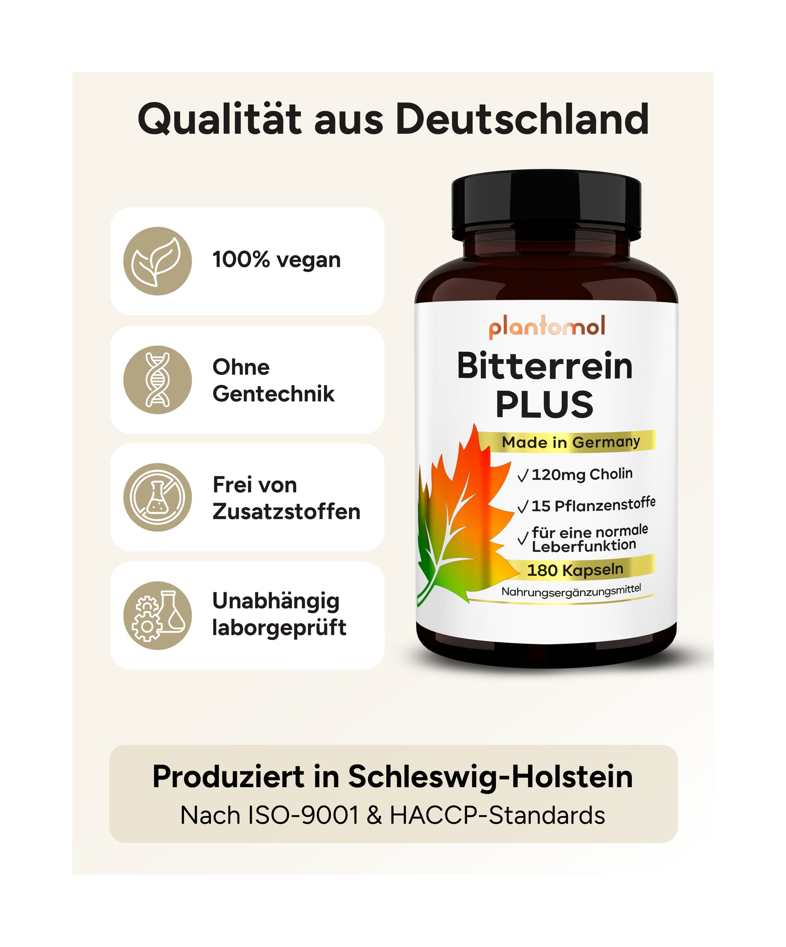 Flasche plantomol Bitterrein PLUS. Vegan, ohne Gentechnik, ohne Zusatzstoffe. Hergestellt in Deutschland.