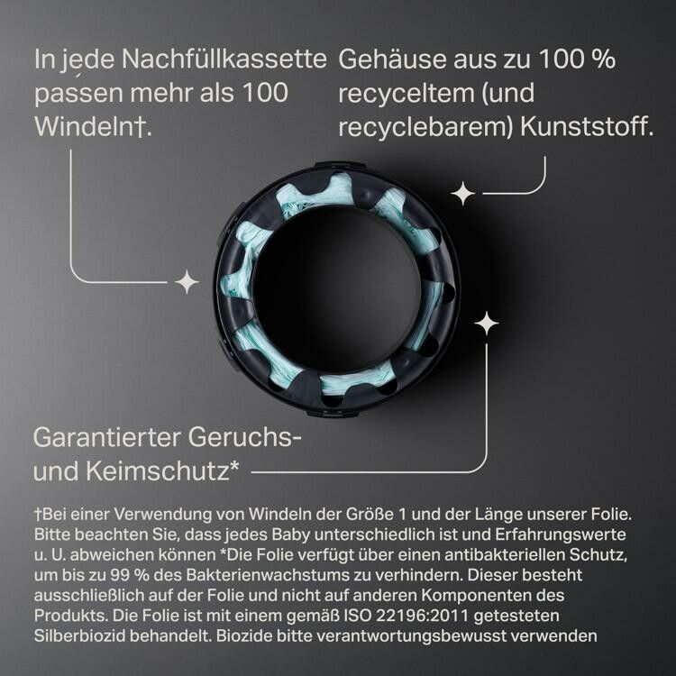 Nahaufnahme einer Tommee Tippee Nachfüllkassette. Text: Garantierter Geruchs- und Keimschutz. Gehäuse aus recyceltem Kunststoff.