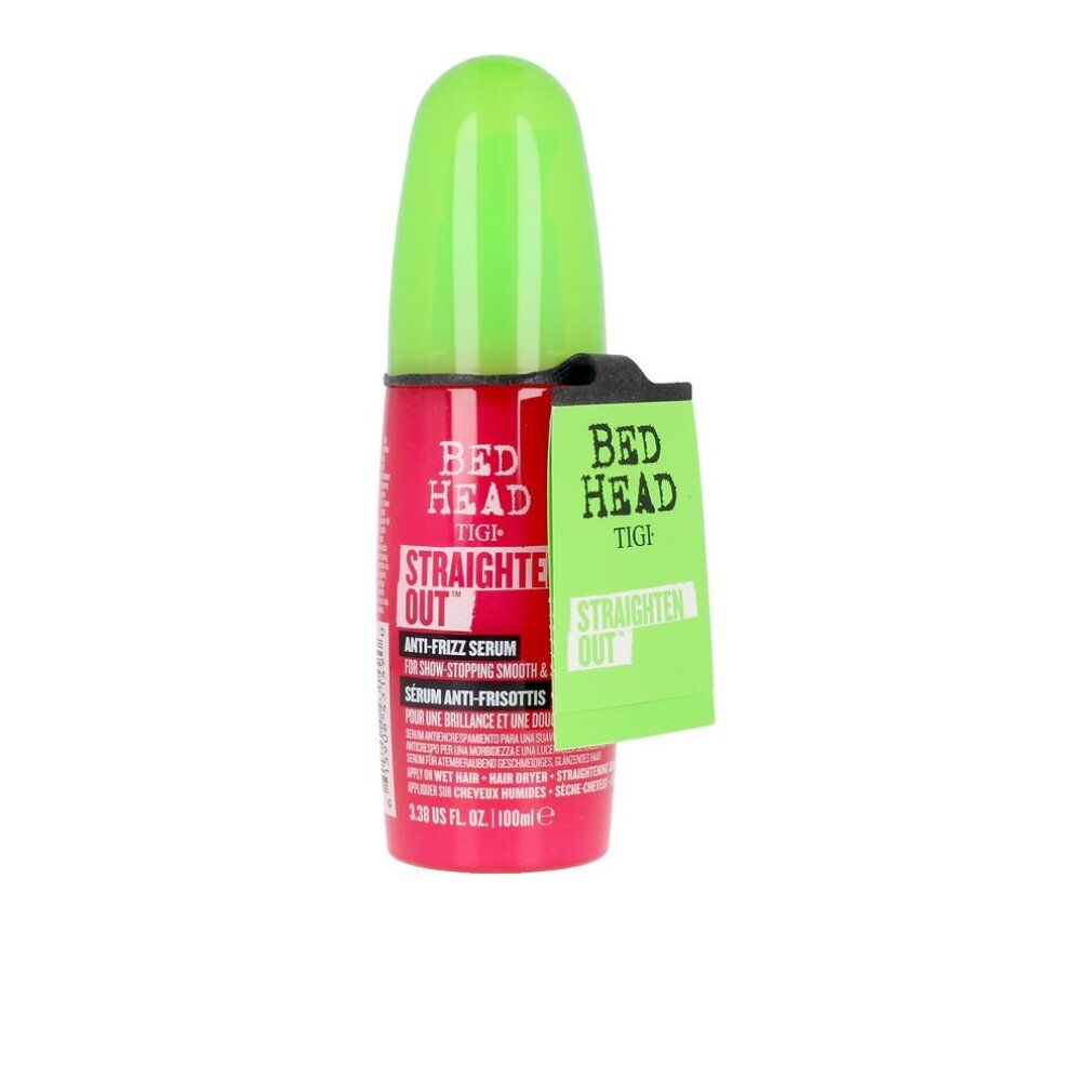 Rote Flasche mit grünem Deckel. Text: Bed Head TIGI Straighten Out Anti-Frizz Serum. Anhänger mit Text.