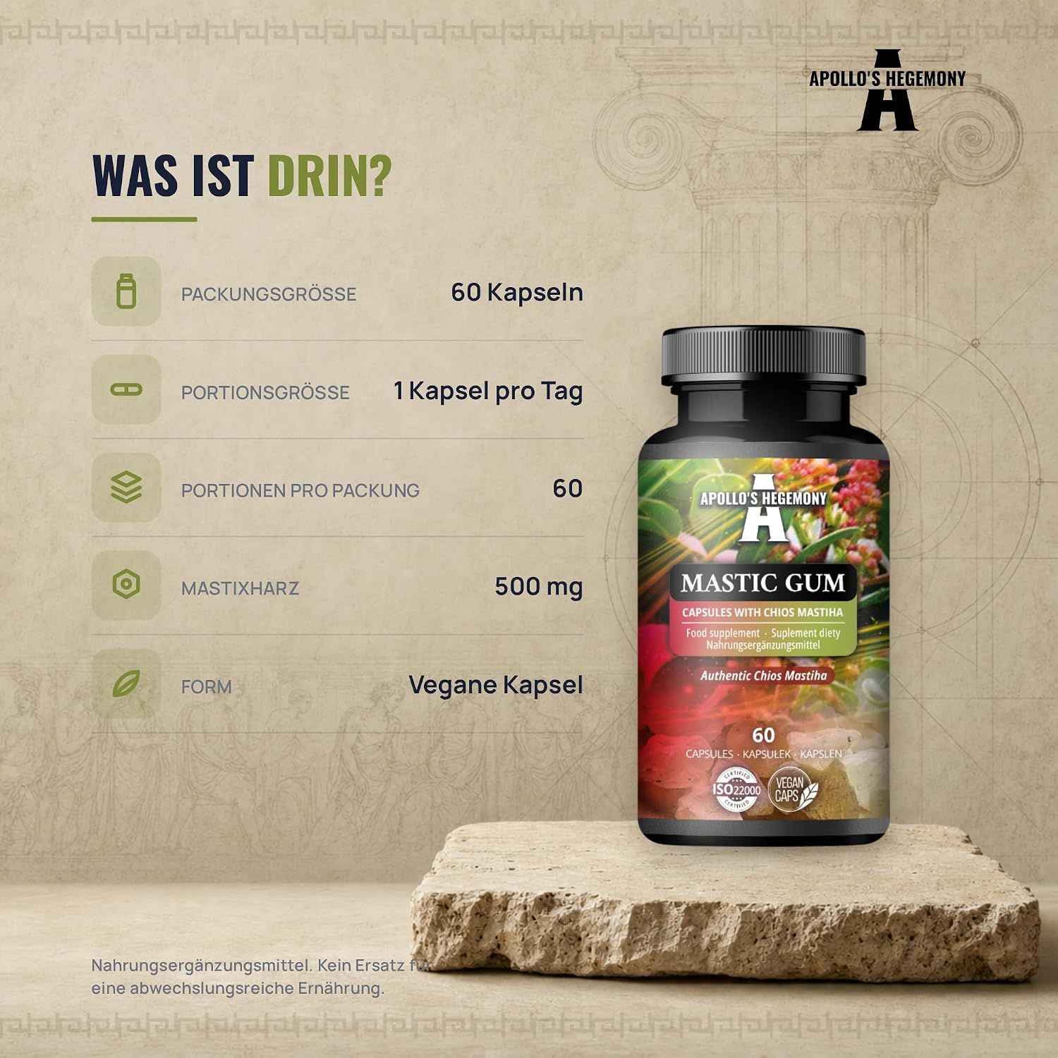 Flasche mit 60 Kapseln Mastic Gum, 500 mg pro Kapsel. Informationen zu Packungsgröße, Portionsgröße und Inhaltsstoffen.