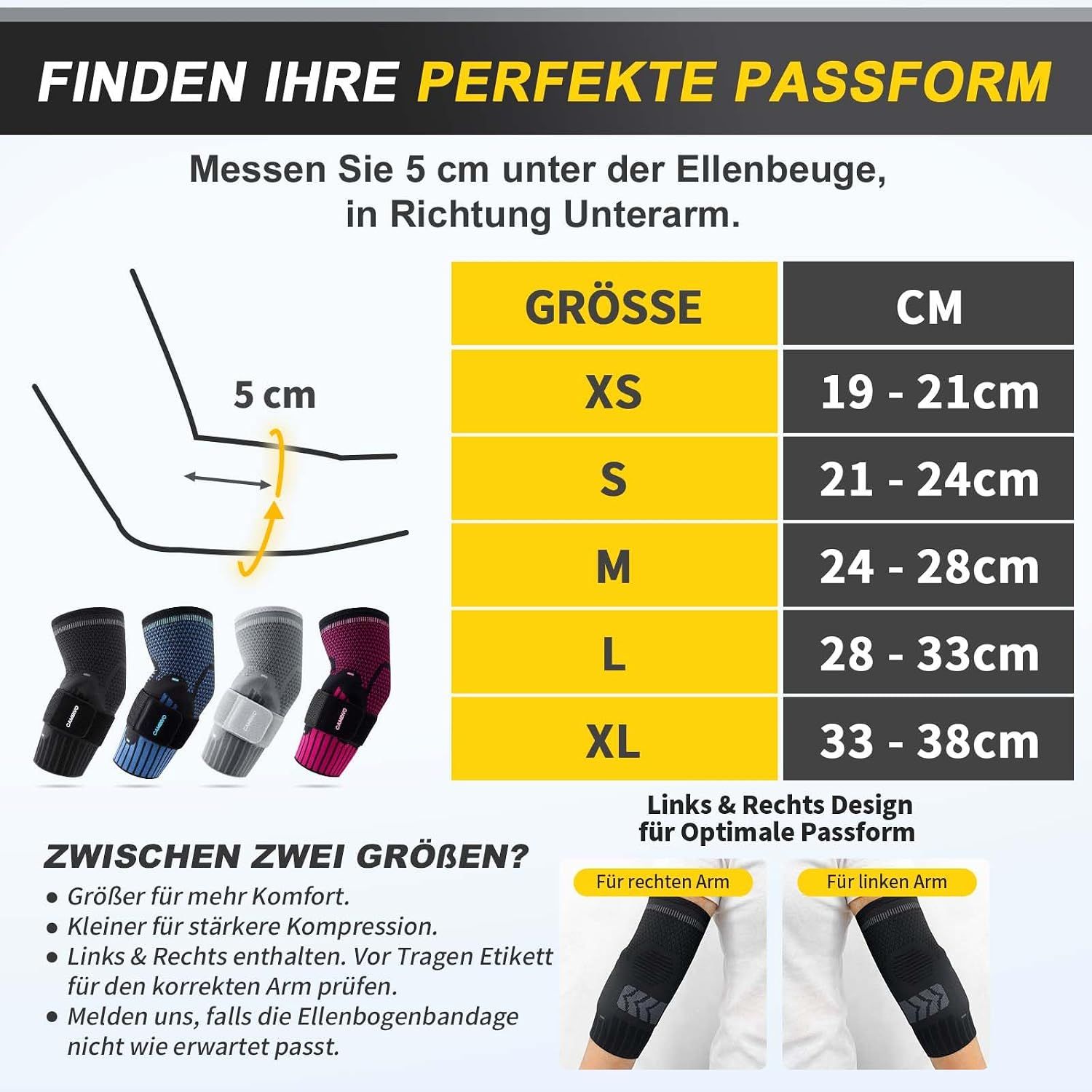 Größentabelle für Ellenbogenbandagen: Messung unterhalb der Ellenbeuge, Größen XS-XL mit entsprechenden Armumfängen.