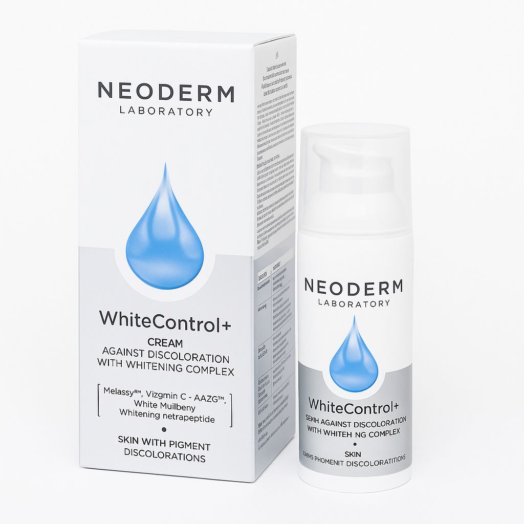 Eine weiße Creme-Flasche und -Verpackung. Auf der Verpackung steht "NEODERM LABORATORY" und "WhiteControl+". Die Flasche hat einen Spender.