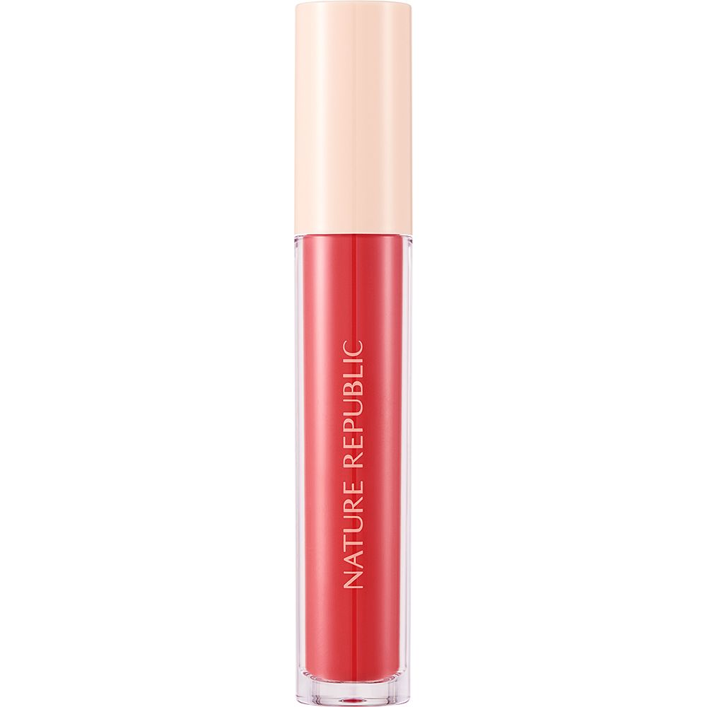 Roter Lipgloss mit beigem Deckel. Aufschrift NATURE REPUBLIC. Transparente Tube.