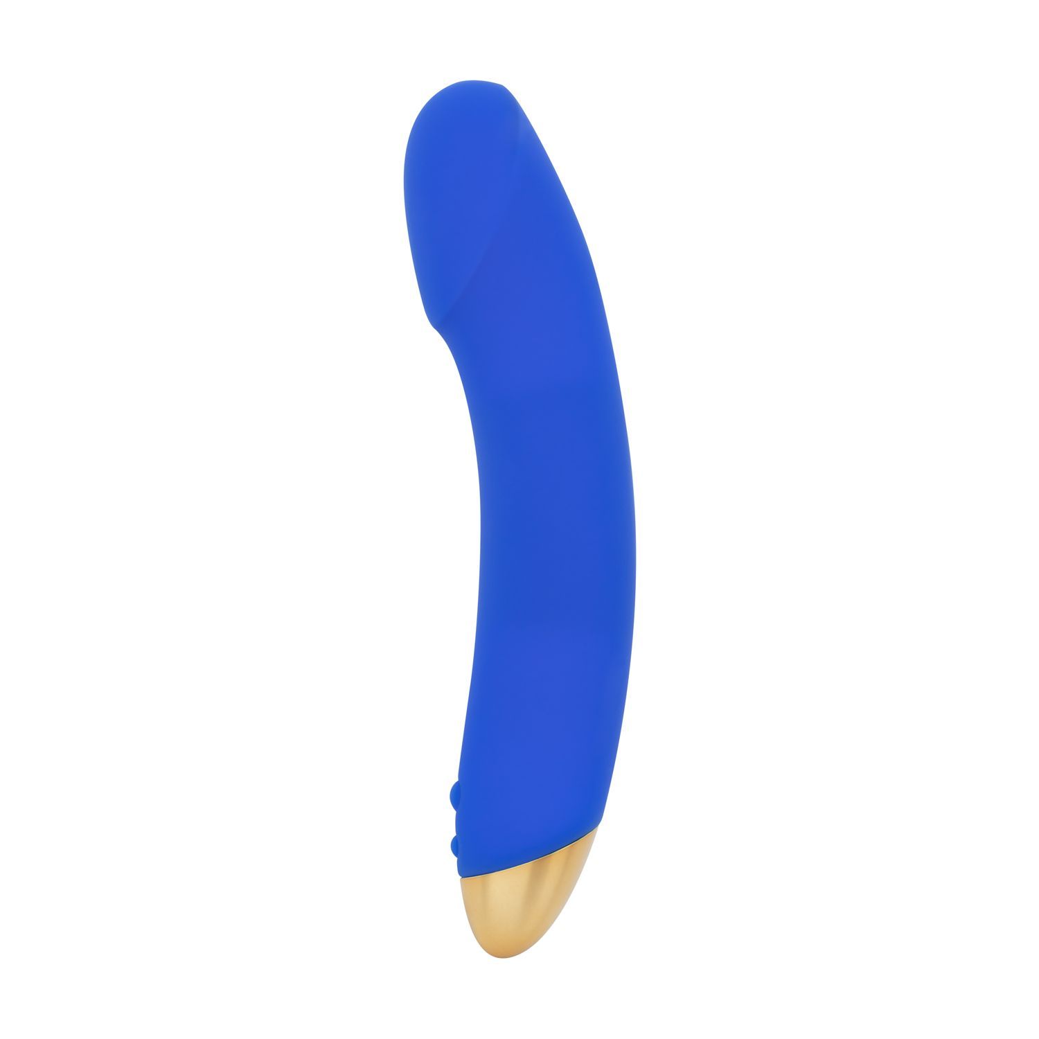 Blauer Vibrator mit goldfarbenem Ende. Das Produkt hat eine gebogene Form und zwei Knöpfe.