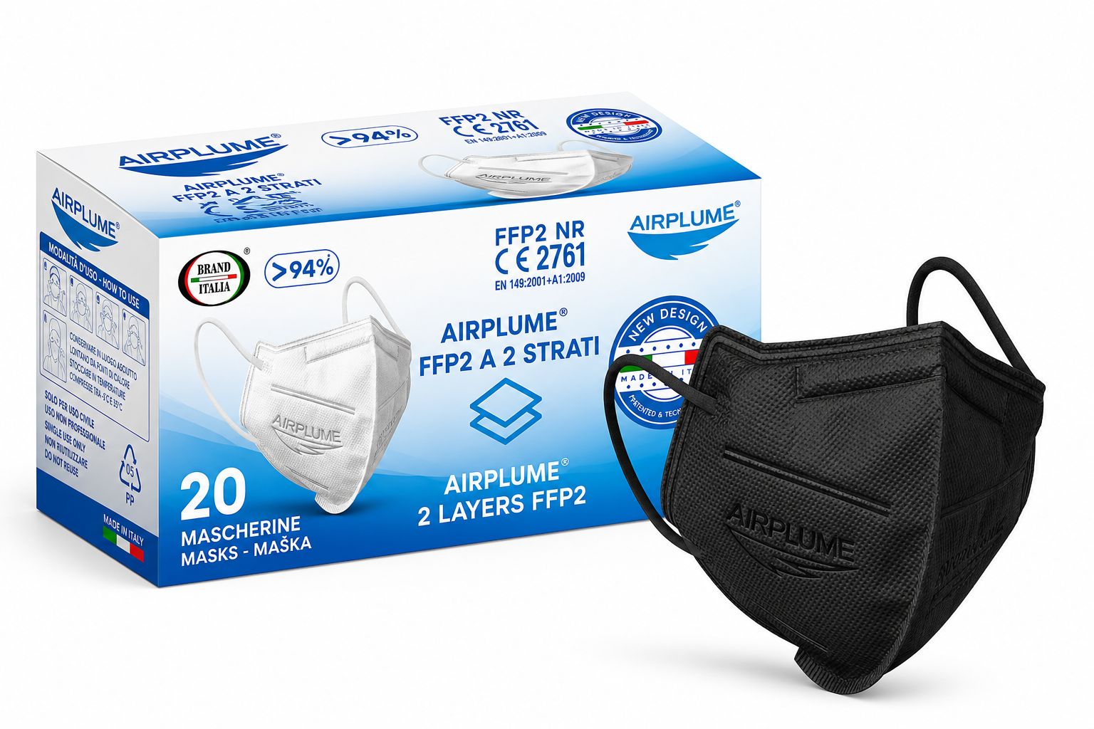 Airplume FFP2 Masken, 2 Lagen, 20 Stück. CE 2761 zertifiziert.