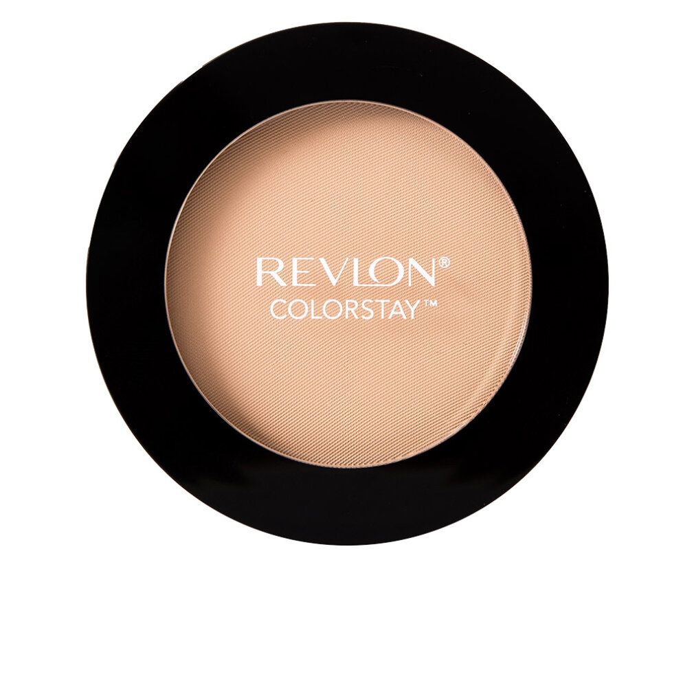 Runder, beigefarbener Puder in schwarzem Behälter. Aufschrift: Revlon Colorstay.