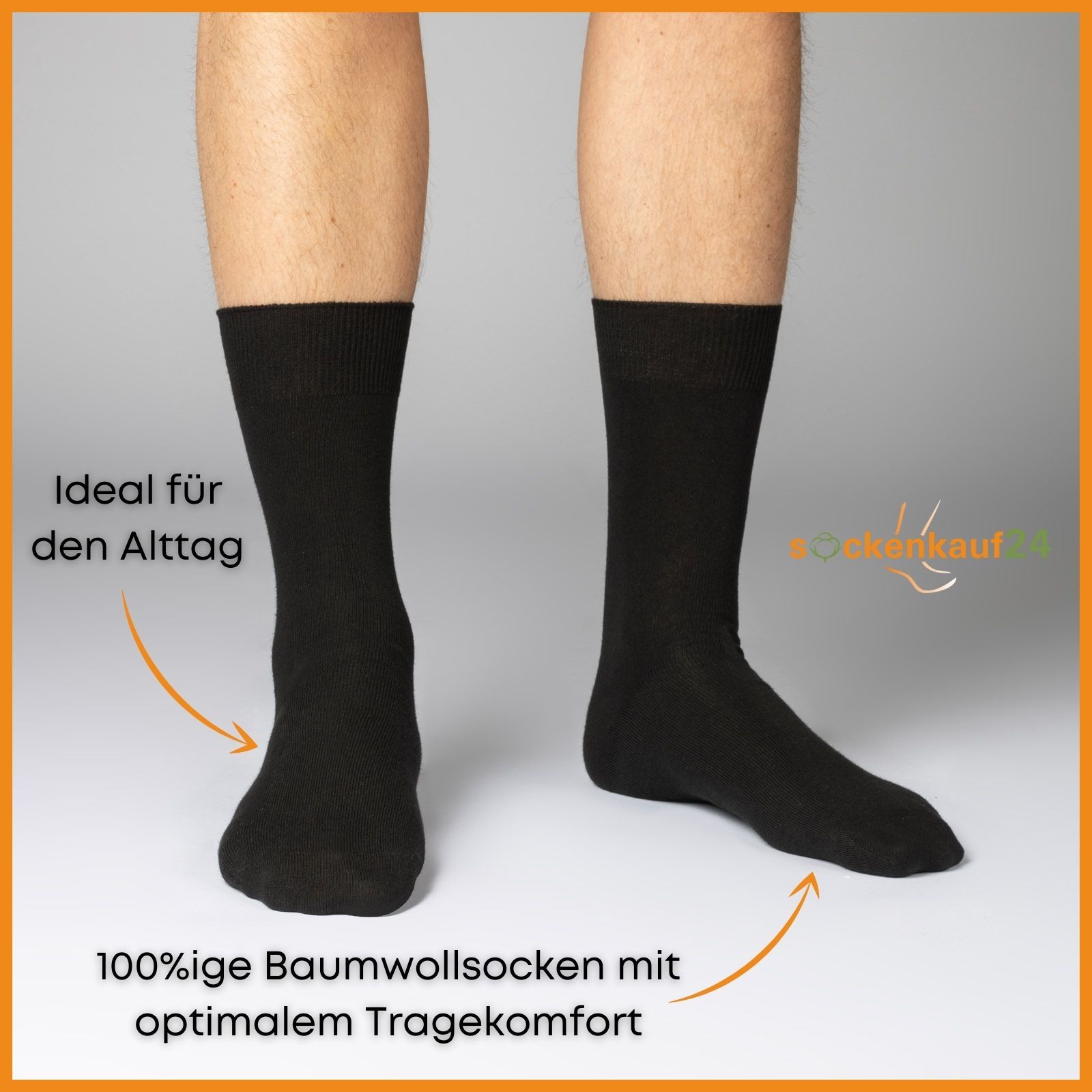Person trägt schwarze Diabetiker Socken. Text: 100% Baumwolle, optimaler Tragekomfort. Ideal für den Alltag.