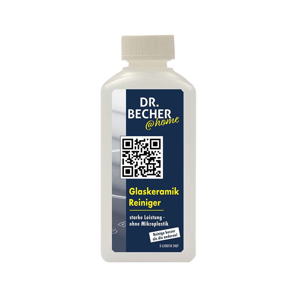 Weiße Flasche mit Schraubverschluss. Aufkleber mit Logo, QR-Code und Produktbezeichnung: Glas Keramik Reiniger. Ohne Mikroplastik.