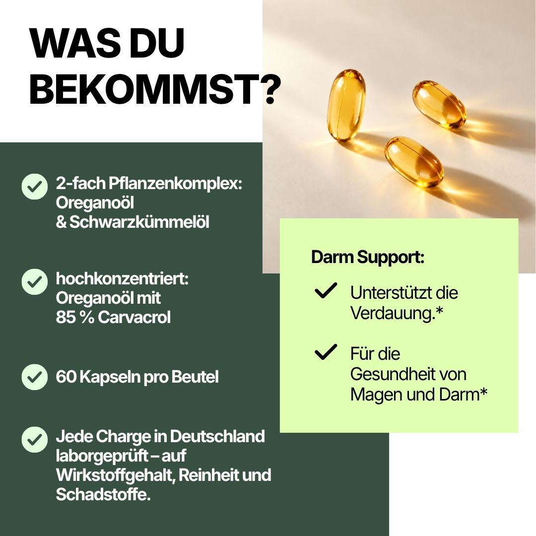 Drei goldene Weichkapseln mit Oreganoöl und Schwarzkümmelöl auf hellem Hintergrund.