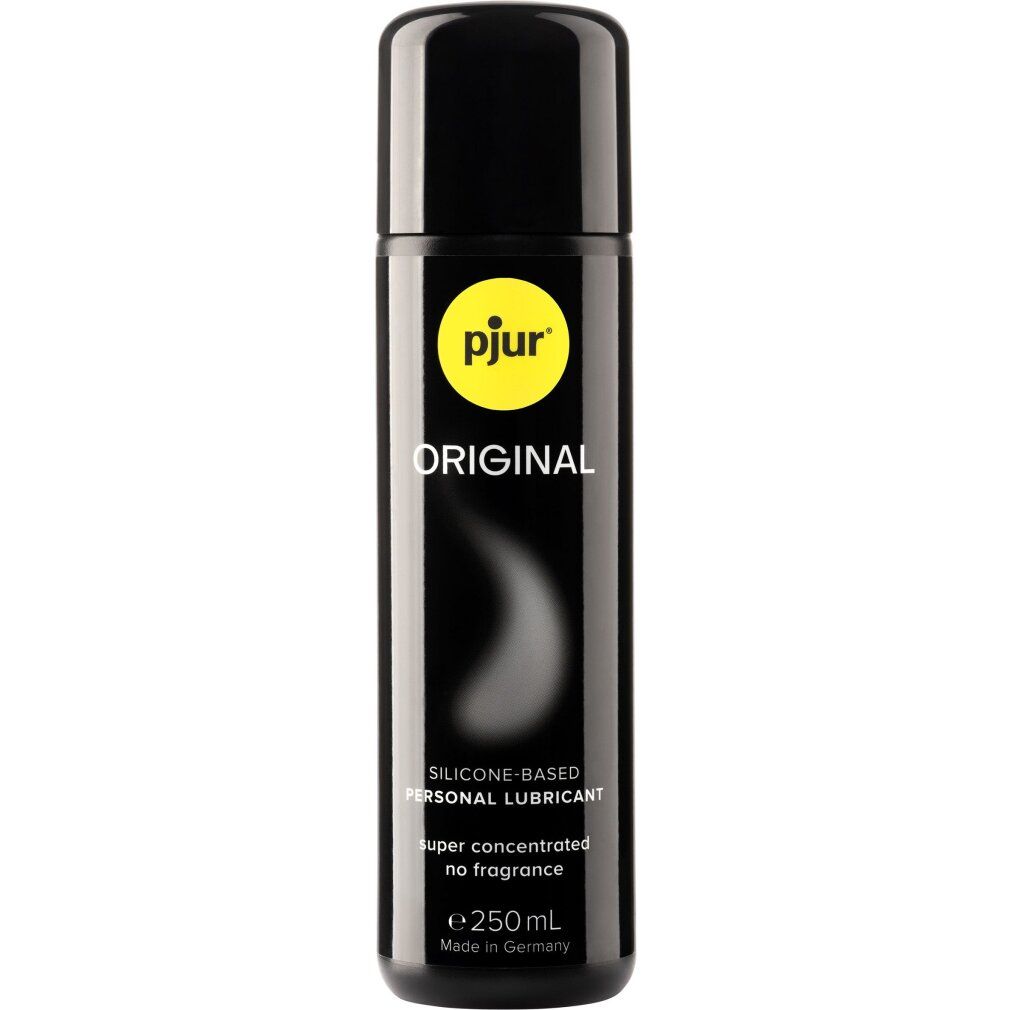 Schwarze Flasche mit schwarzem Deckel. Aufschrift: pjur ORIGINAL. Text: Silicone-based personal lubricant, super concentrated, no fragrance.