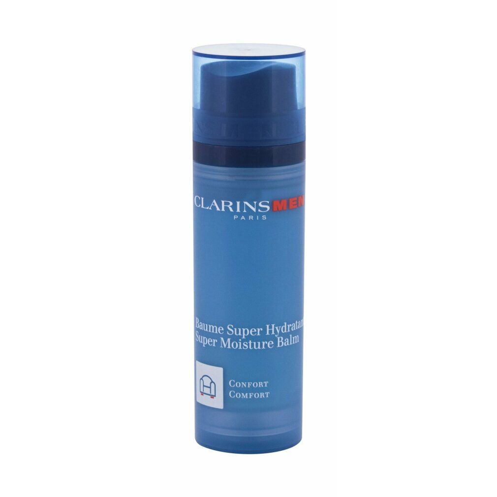 Blau-transparente Flasche mit blauem Deckel. Aufschrift: Clarins Men Paris, Baume Super Hydratant, Super Moisture Balm. Komfort-Symbol.
