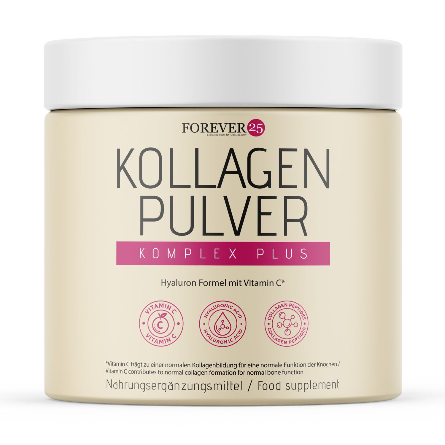 Beige Dose mit weißem Deckel. Aufschrift: Forever25 Kollagen Pulver. Pinkfarbener Streifen mit Text. Runde Logos.