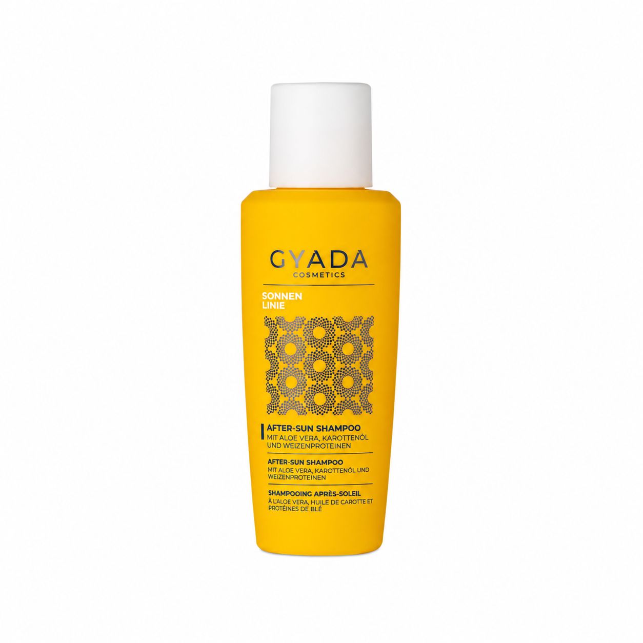 Gelbe Flasche mit weißem Verschluss, "GYADA COSMETICS AFTER-SUN SHAMPOO" Aufschrift.