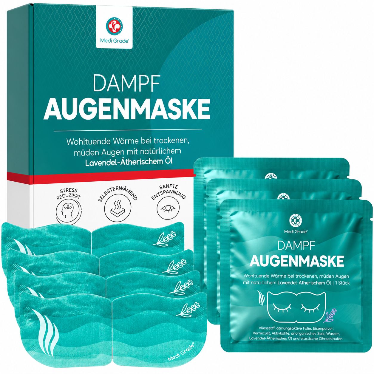 Frau mit grüner Dampf-Augenmaske, entspannt mit Lavendelduft.