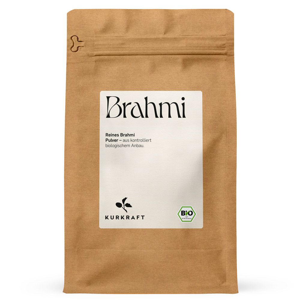 Braune Papiertüte mit Brahmi Pulver, Kurkraft Logo und Bio-Siegel.