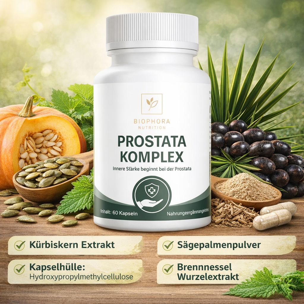 Weiße Flasche mit Kapseln. Aufschrift: Prostata Komplex. Elemente: Kürbis, Samen, Kräuter, Zutaten-Banner.