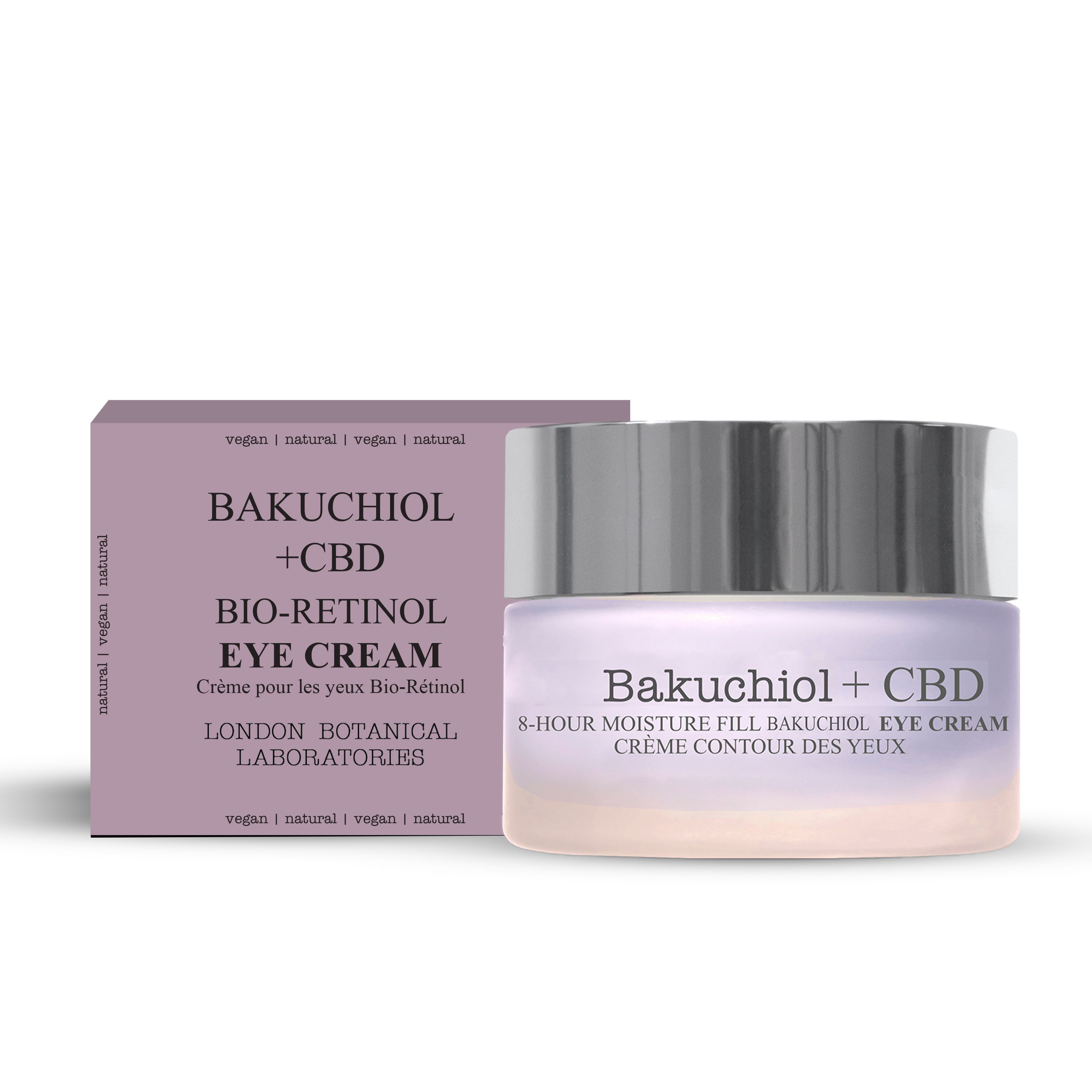 Augencreme-Tiegel und Schachtel. Aufschrift: Bakuchiol + CBD, Bio-Retinol Eye Cream. Marke: London Botanical Laboratories. Vegan.