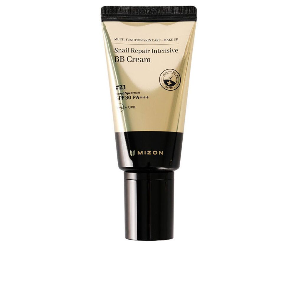 Beige Tube mit schwarzem Deckel. Aufschrift: Snail Repair Intensive BB Cream #23 SPF 30 PA+++. Marke: Mizon. Zertifizierungslogo.