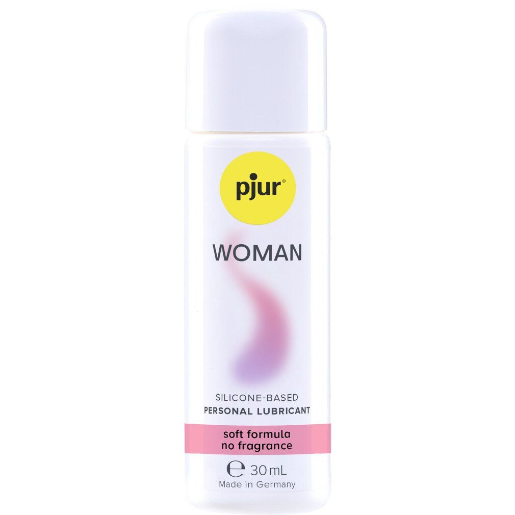 Weiße Flasche mit Deckel. Aufschrift: pjur WOMAN, darunter ein rosa Design. Text: silicone-based personal lubricant, soft formula no fragrance. 30ml.