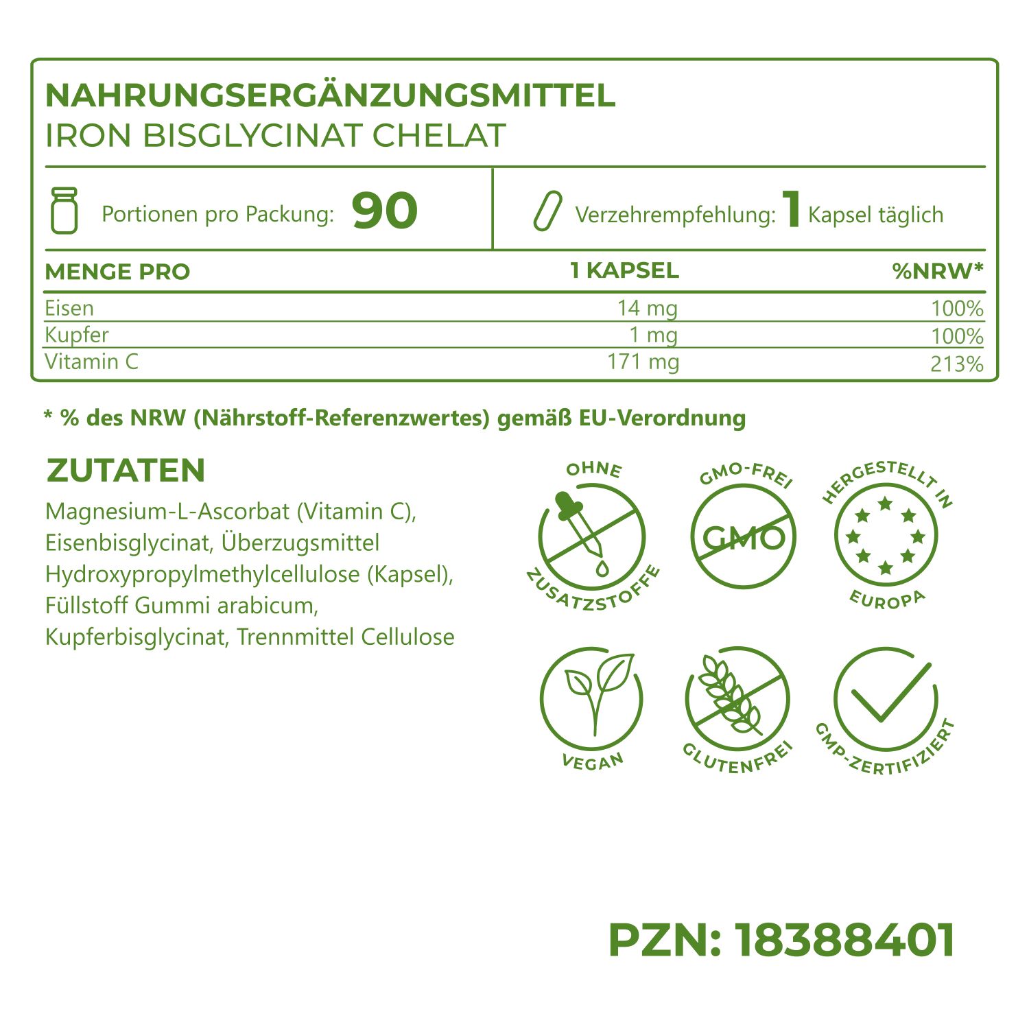 Nahrungsergänzungsmittel-Etikett mit Inhaltsstoffen: Eisen, Kupfer, Vitamin C. Ohne Zusatzstoffe, GMO-frei, hergestellt in Europa, vegan, glutenfrei, GMP-zertifiziert.