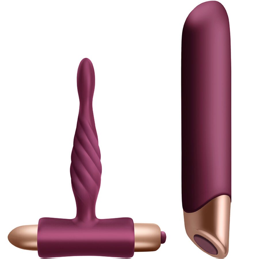 Zwei Vibratoren in Burgunderrot mit goldfarbenen Akzenten. Ein zylindrischer und ein T-förmiger Vibrator.