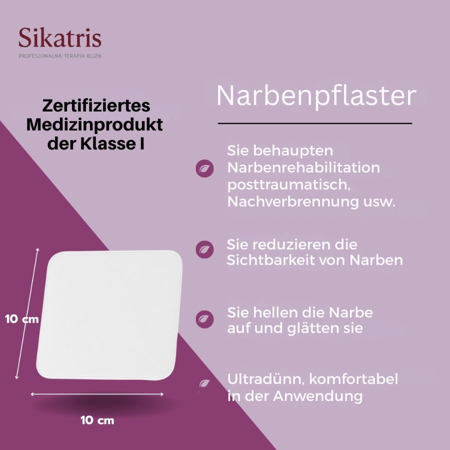 Quadratisches Sikatris Narbenpflaster, 10 cm x 10 cm. Zertifiziertes Medizinprodukt der Klasse I.