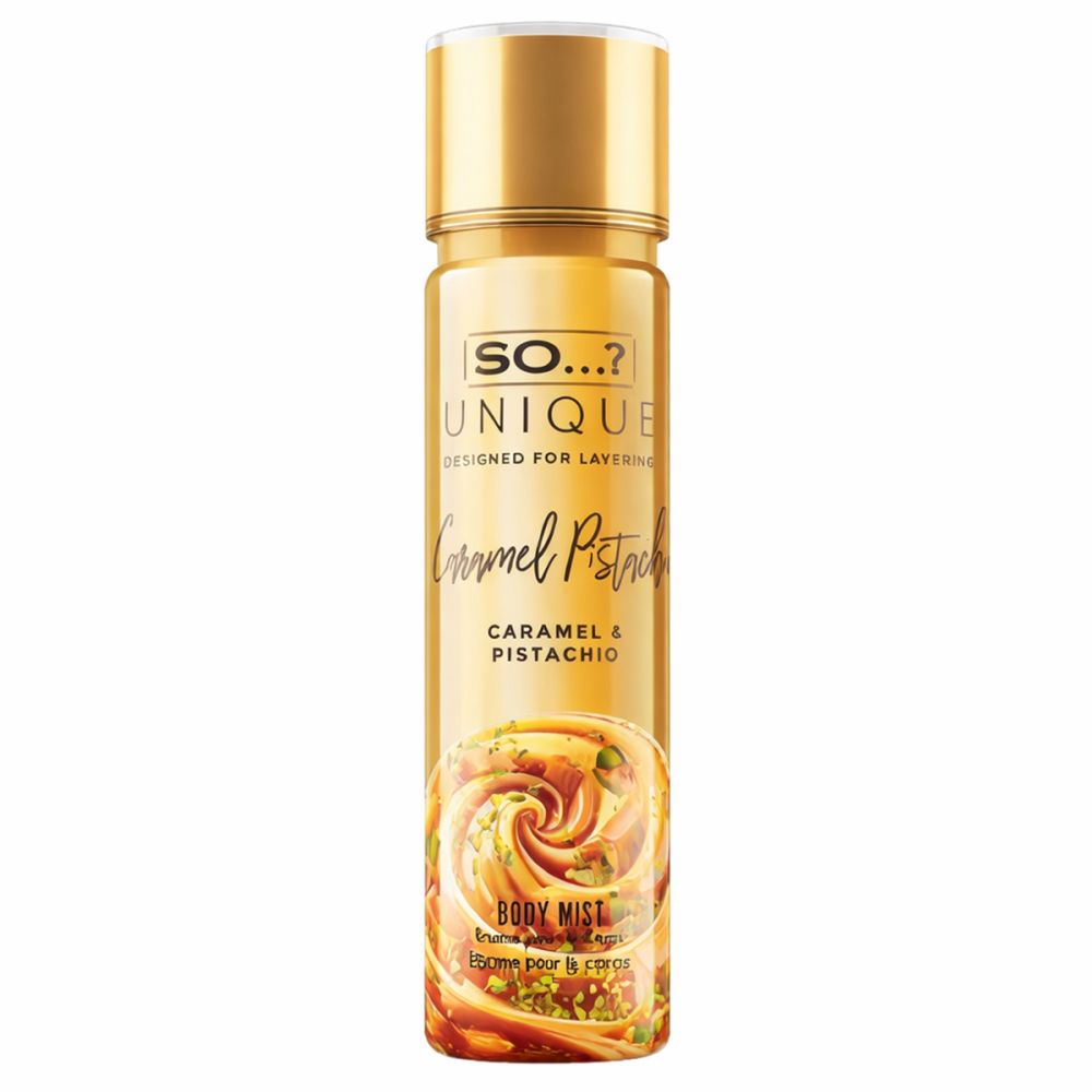 Körpernebel-Flasche mit goldener Kappe. Aufschrift: So Unique, Caramel & Pistachio. Design mit Karamell und Pistazien.