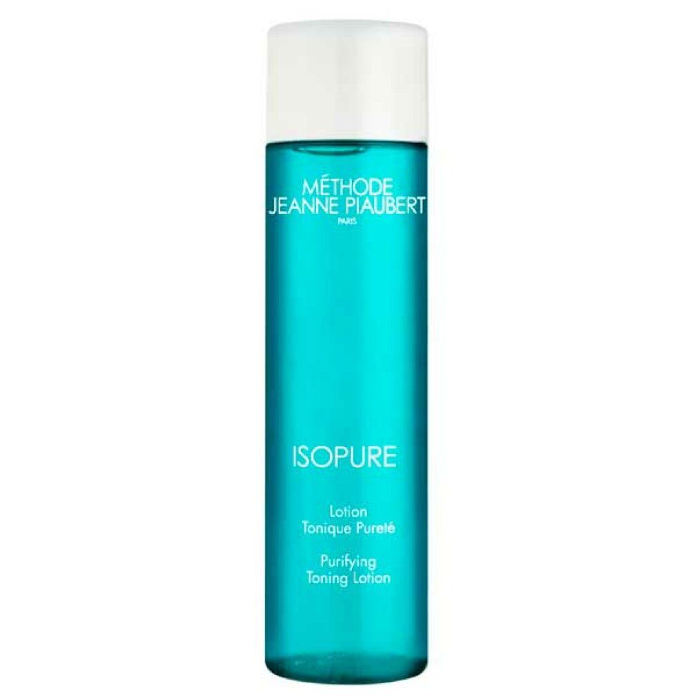 Zylindrische Flasche mit blauem Inhalt und weißem Deckel. Beschriftung: ISOPURE, Methode Jeanne Piaubert.