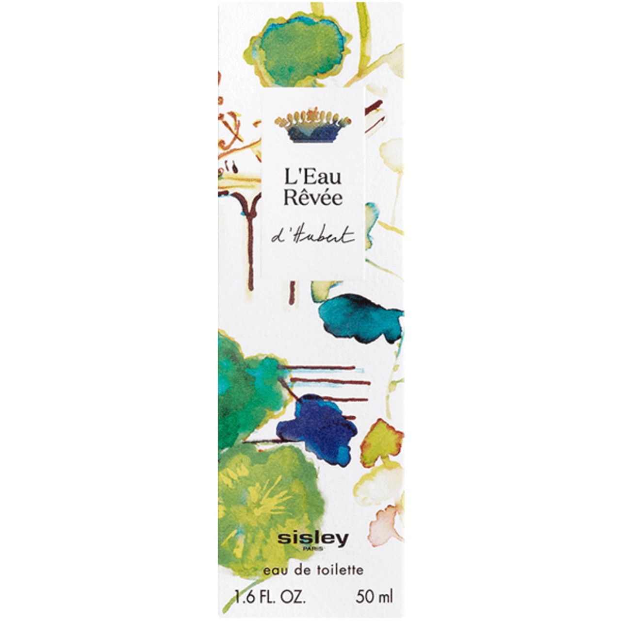 Sisley Eau de Toilette Box mit floralem Aquarellmuster. Enthält 'L'Eau Rêvée d'Hubert', 50 ml.