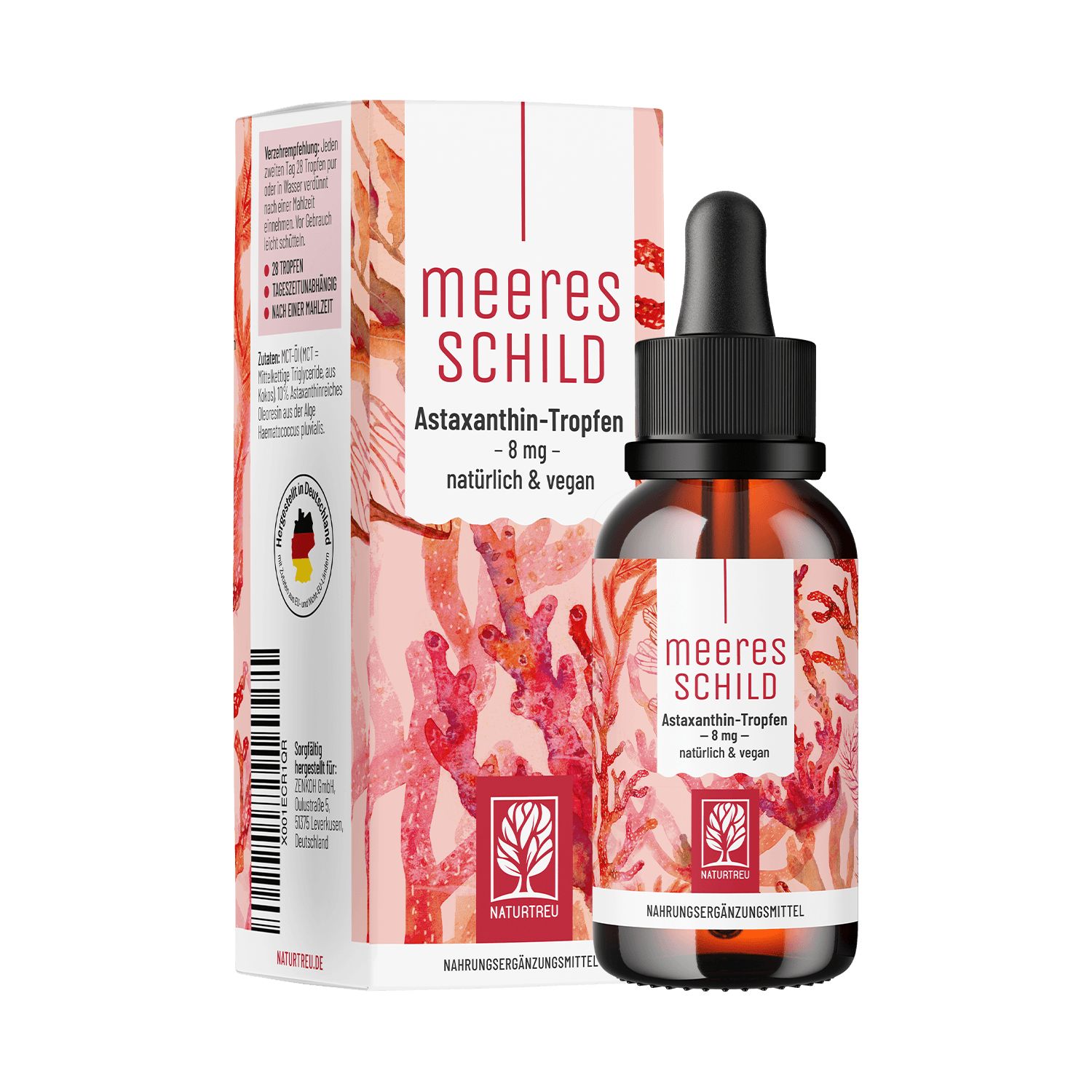 Astaxanthin-Tropfen in Braunglasflasche mit Pipette und Faltschachtel, rote Korallenabbildung.