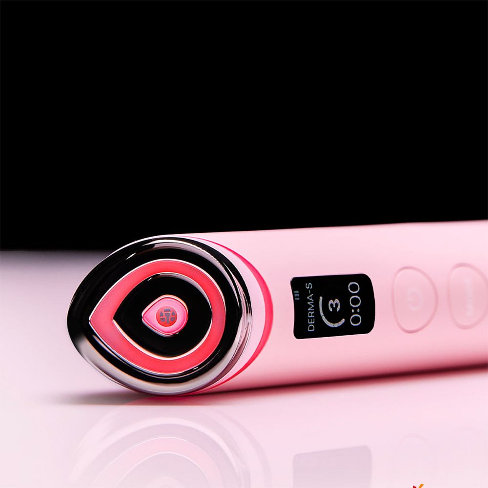 Rosa Beauty-Wand mit rotem Licht. Digitalanzeige. Text: Derma-S, 3:00.