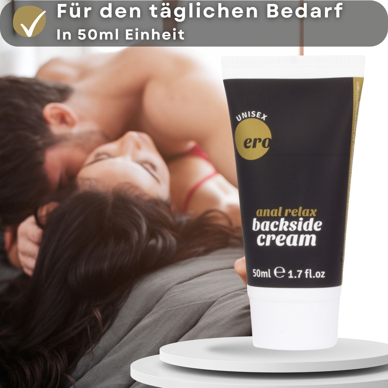 Creme-Tube und Text. Tube: schwarz, weißer Aufdruck. Text: Pflege, Gleitgel, täglicher Bedarf, 50ml.