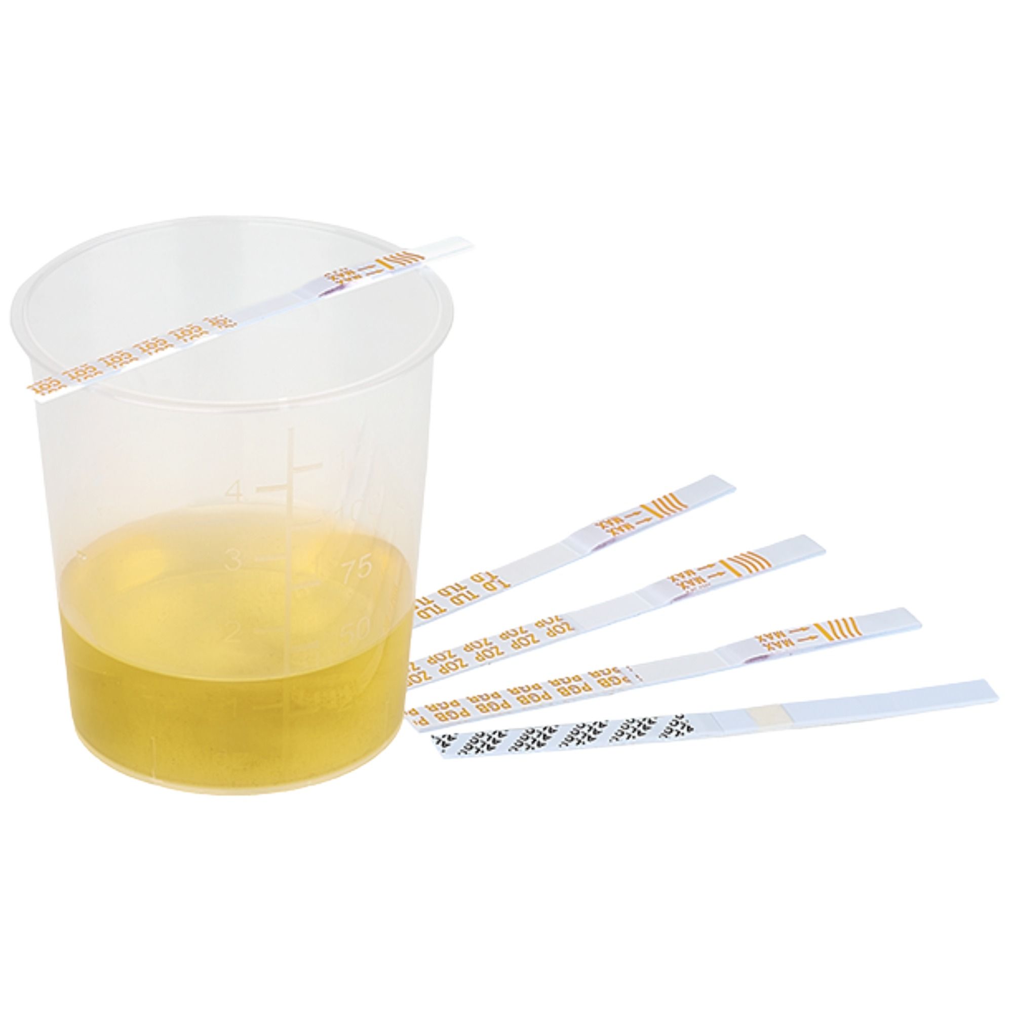 Becher mit gelber Flüssigkeit und vier Teststreifen. Ein Streifen liegt im Becher.