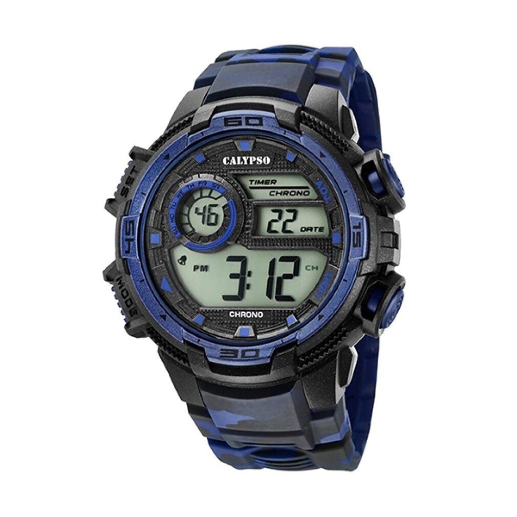 Digitaluhr mit blauem und schwarzem Armband. Anzeige von Uhrzeit, Datum und Stoppuhr-Funktion. Marke CALYPSO.