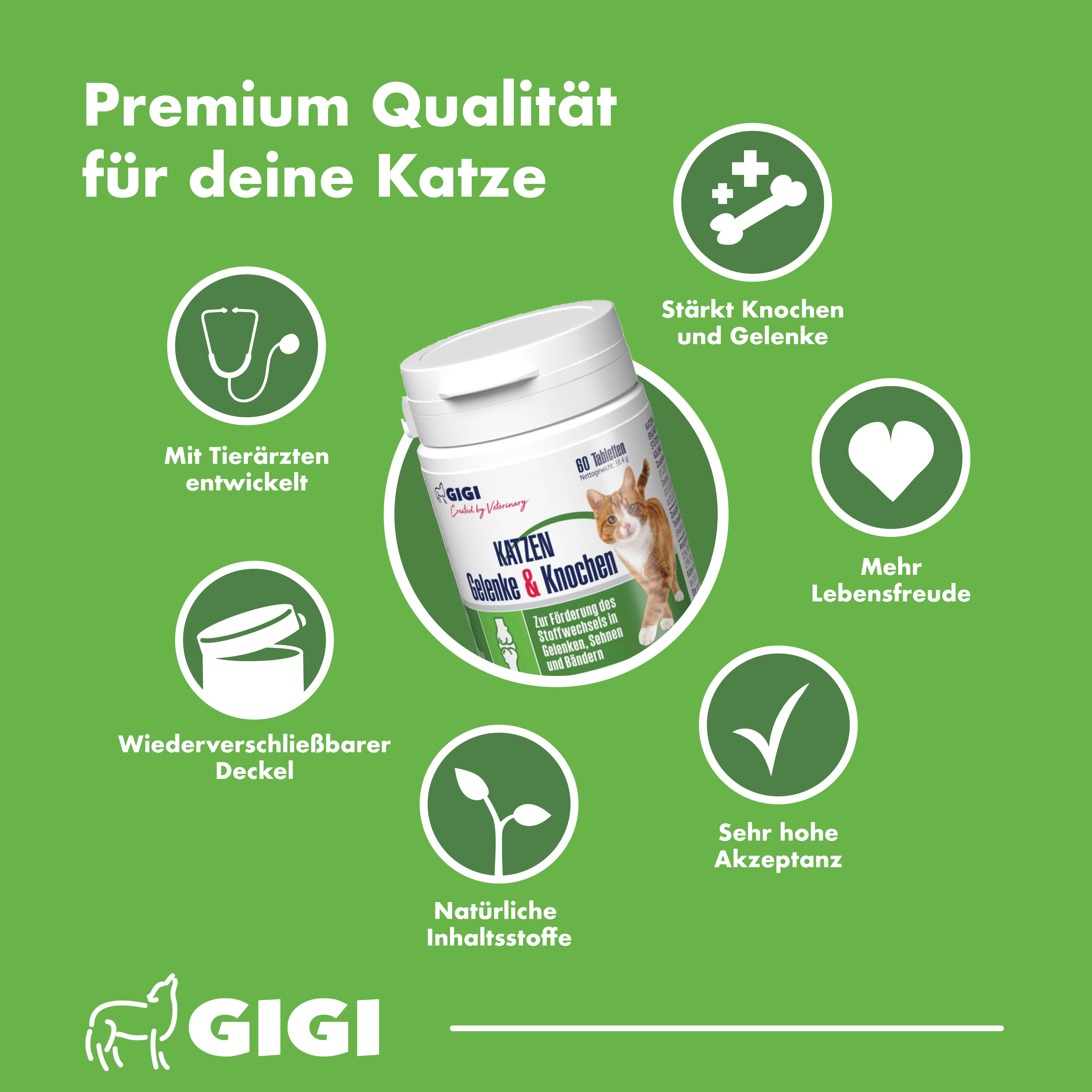 Weiße Tablettenflasche mit Aufschrift Katzen Gelenke & Knochen. Premium Qualität für Ihre Katze. Icons: Knochen, Herz, Deckel, Blätter, Akzeptanz.