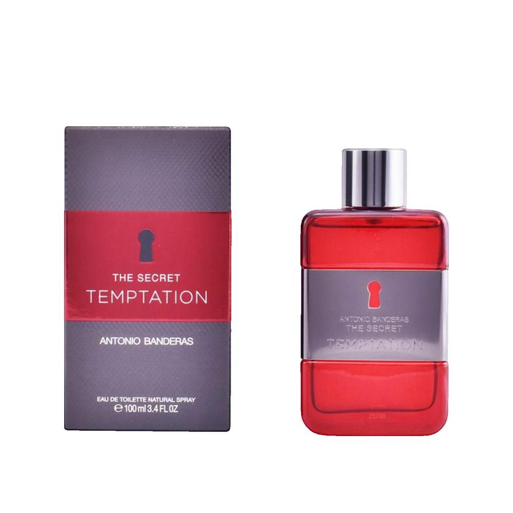 Roter Flakon und Verpackung. Aufschrift: The Secret Temptation. Marke: Antonio Banderas. Eau de Toilette.