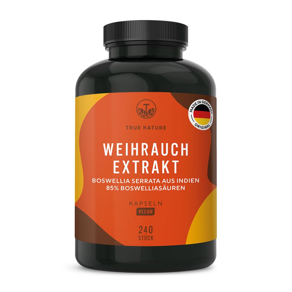 Schwarzer Behälter mit orangefarbenem Etikett: Weihrauch Extrakt Kapseln, 240 Stück, Made in Germany.