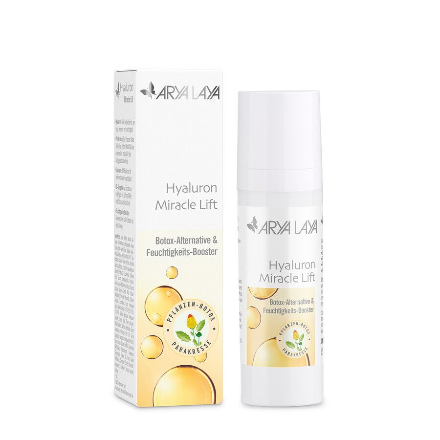 Arya Laya Hyaluron Miracle Lift Flasche und Karton. Hyaluronsäure-Booster.