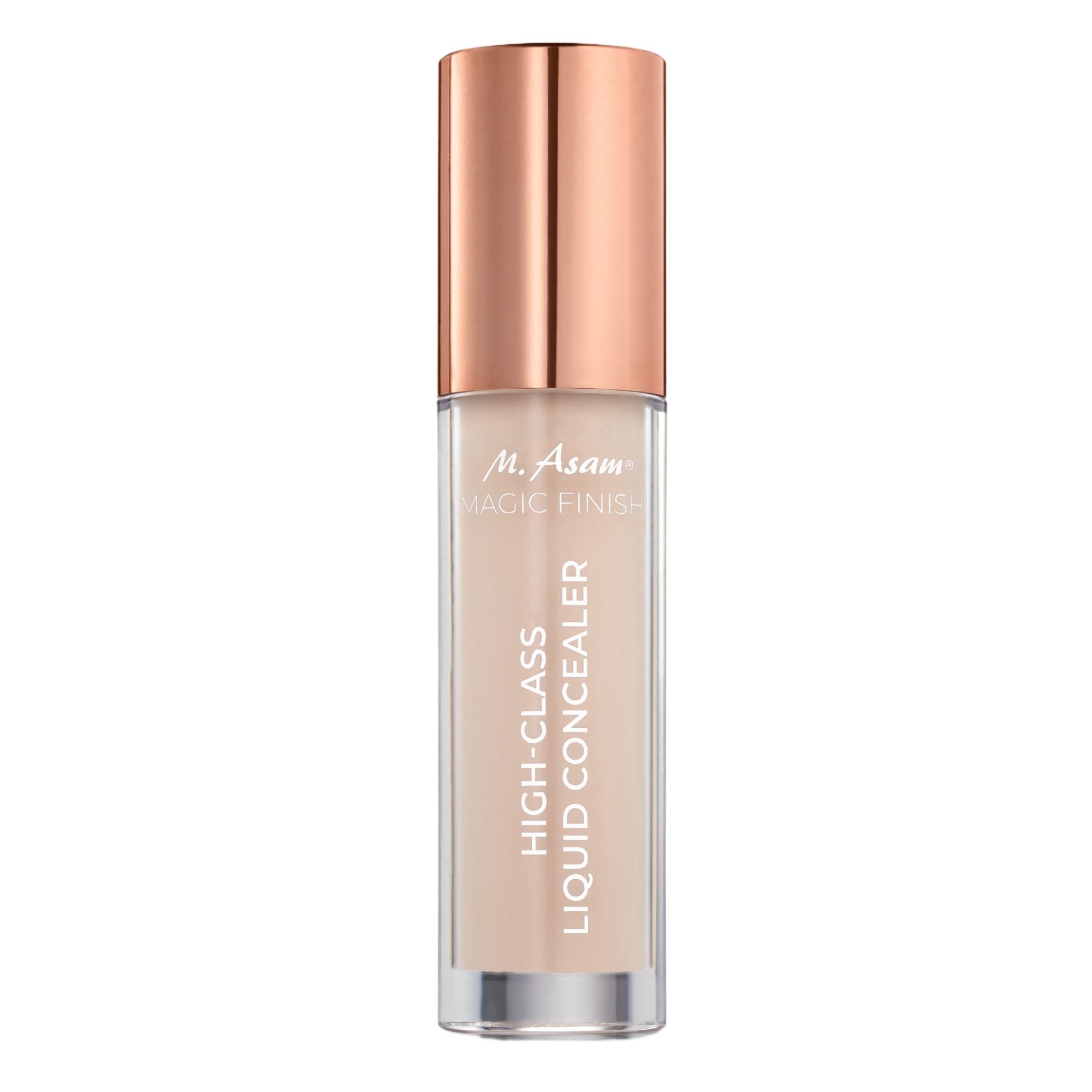 Flüssiger Concealer in einer transparenten Flasche mit kupferfarbenem Deckel. Aufschrift: M. Asam, Magic Finish, High-Class, Liquid Concealer.