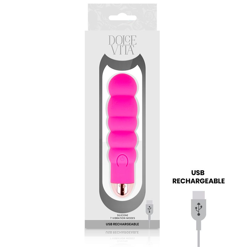Pinkfarbener Silikon-Vibrator in Verpackung. Mit USB-Ladefunktion. Marke Dolce Vita.
