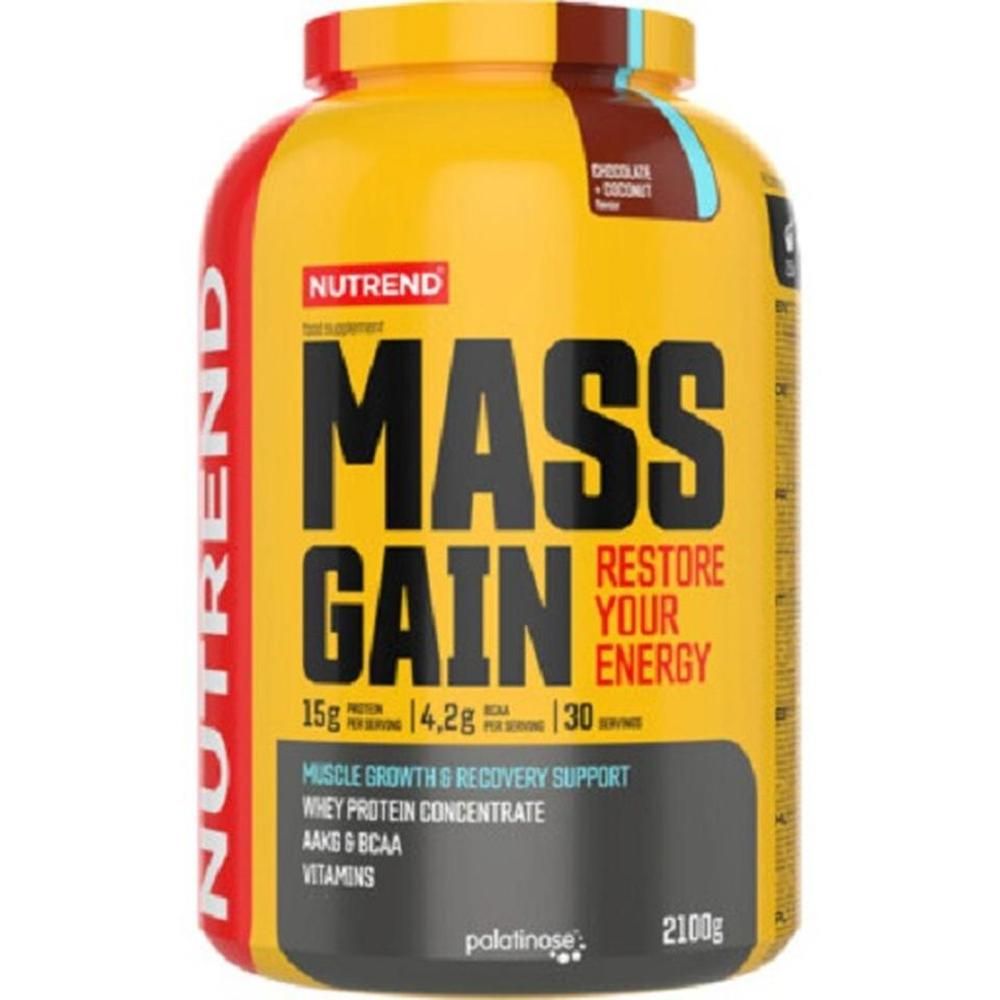 Gelbe Dose mit rotem Deckel. Aufschrift: Nutrend, Mass Gain, 15g Protein, 14,2g BCAA, 30 Portionen. Schoko-Kokos-Geschmack.