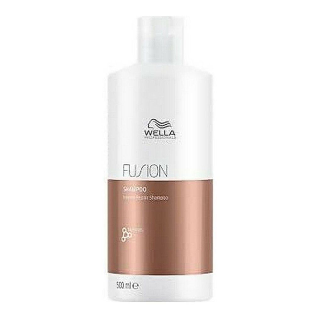 Weiße Shampoo-Flasche mit braunem Mittelteil. Aufschrift: WELLA PROFESSIONALS, FUSION, Shampoo, Intense Repair Shampoo. 500 ml.