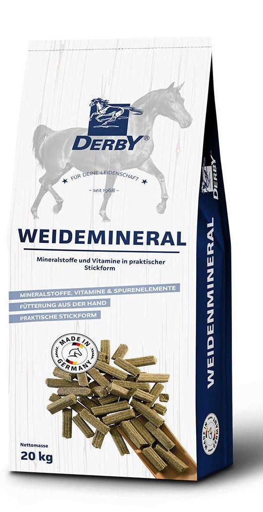 Verpackung von DERBY Weidemineral. Enthält Mineralstoffe und Vitamine in Stickform. Aufschrift: Made in Germany. Nettomasse: 20 kg.