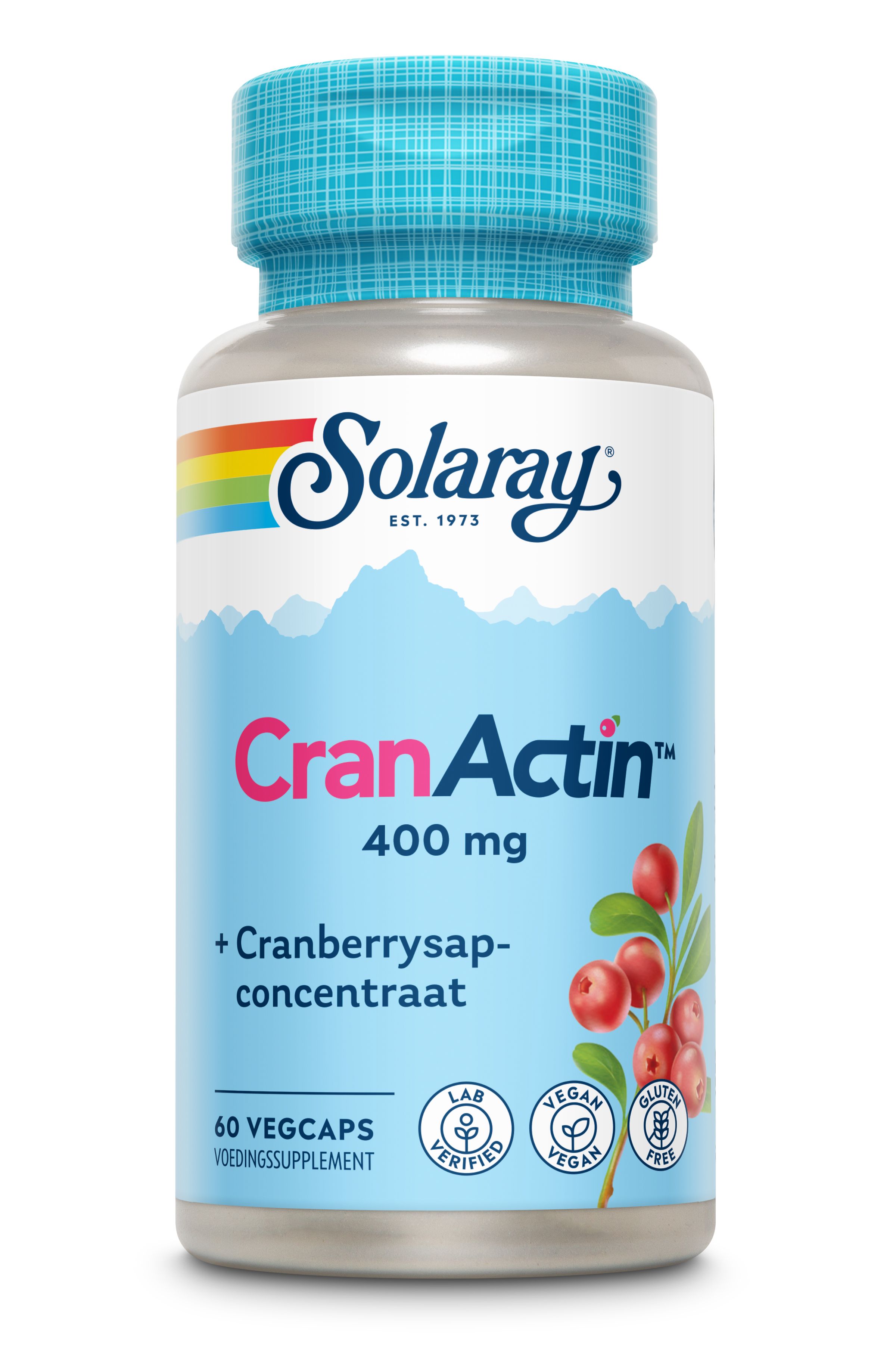 Flasche mit Solaray CranActin™ 400 mg. Enthält 60 Vegcaps. Vegan, glutenfrei und laborgeprüft. Blaue Kappe, weißes Etikett mit Cranberry-Abbildung.