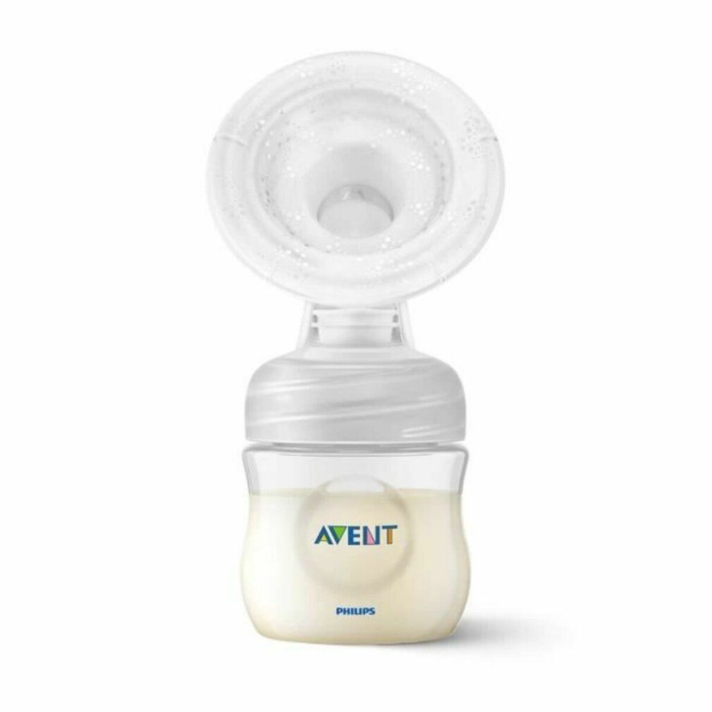 Manuelle Milchpumpe Philips Avent. Besteht aus Pumpe und Flasche. Aufschrift: PHILIPS AVENT.