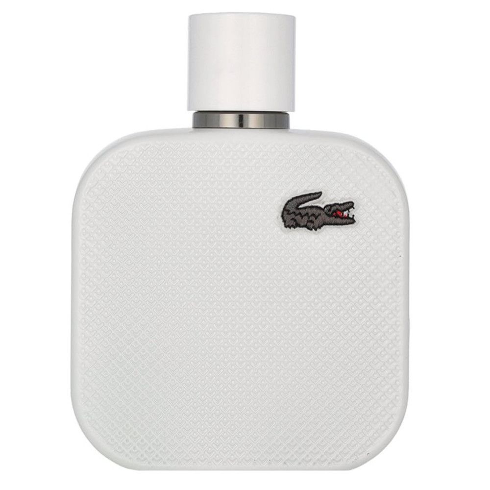 Weißer Flakon mit quadratischer Form und geprägter Oberfläche. Schwarzes Krokodil-Logo. Weißer Verschluss.