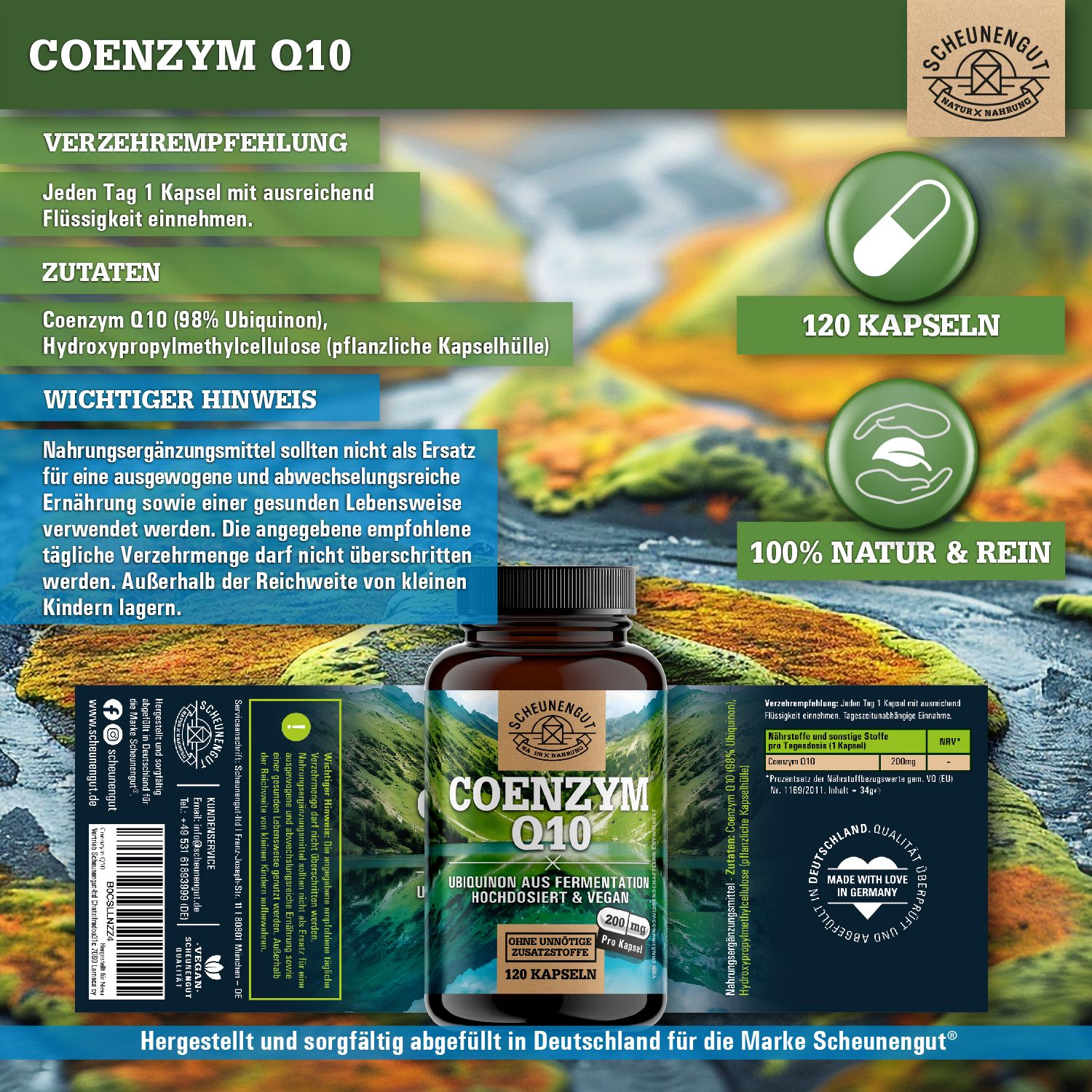 Flasche mit Kapseln, Text: Coenzym Q10, 120 Kapseln, 100% Natur & rein, Zutaten, Verzehrempfehlung, hergestellt in Deutschland.